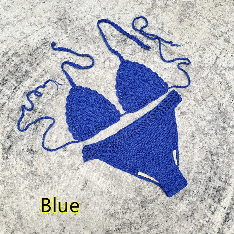 Women's handmade crochet three-piece bikini set with skirt in blue colour