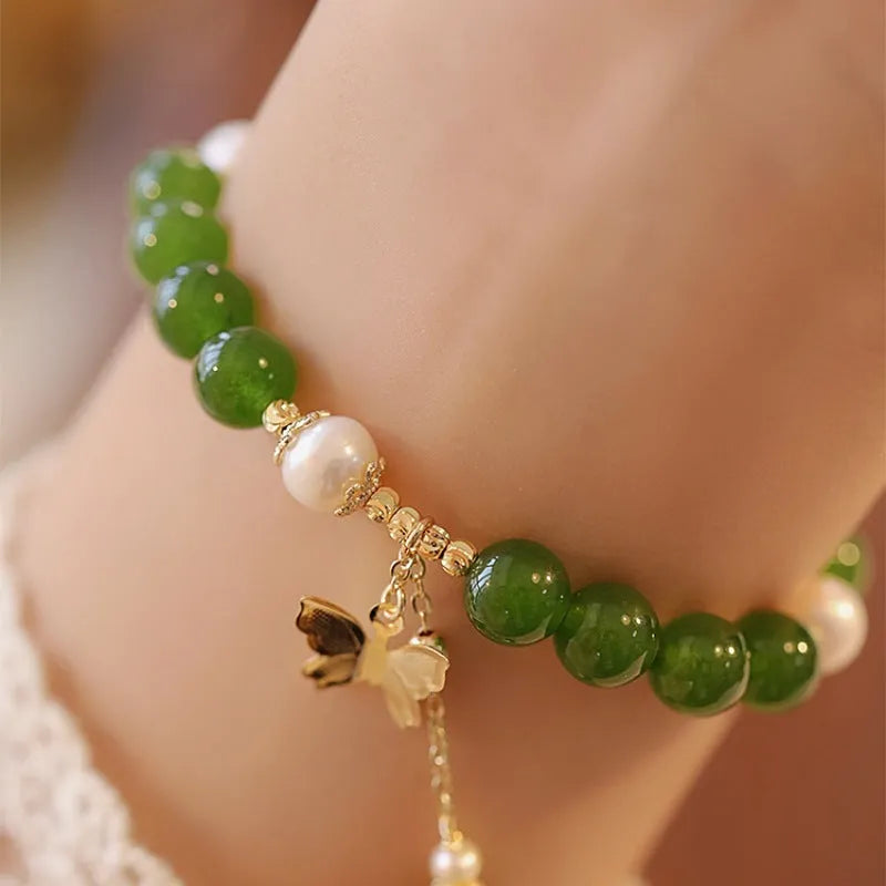 Natural green chalcedony women's bracelet with geometric round elements and handmade construction