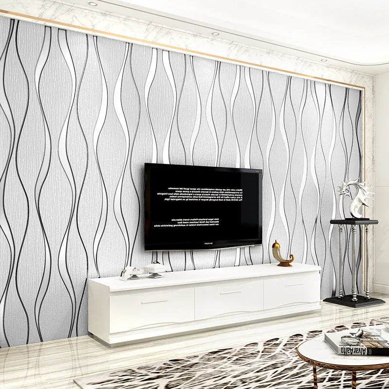 Curve stripe patterned 3D textured wallpaper roll for video wall backgrounds in light grey and dark brown colours