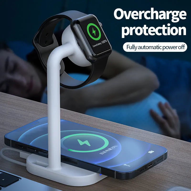 Multi function desktop wireless charging stand in black, holding a smartphone, with LED indicator visible