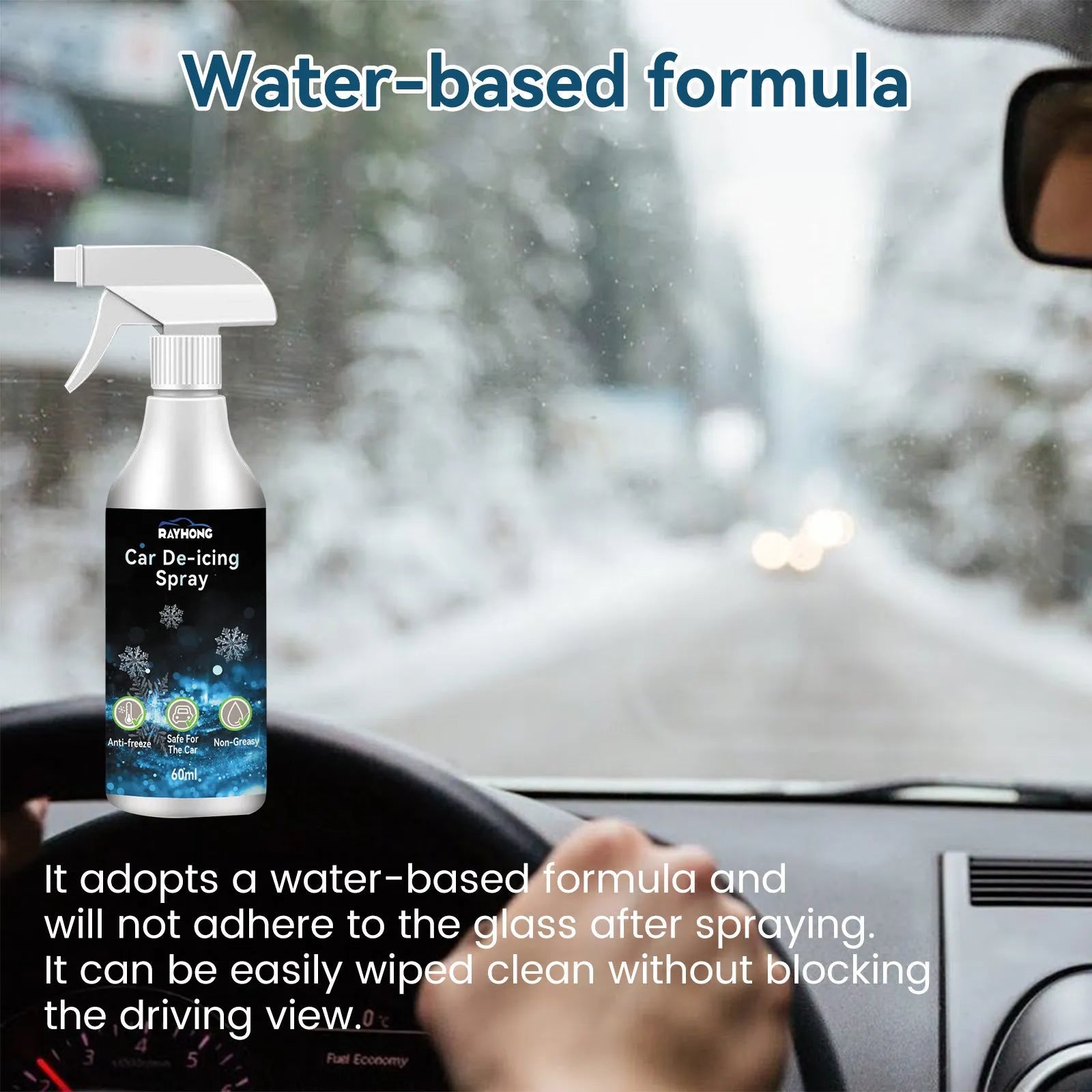 60ml car window de-icing spray bottle with snowflake icon, dimensions 13.8cm by 9.3cm.