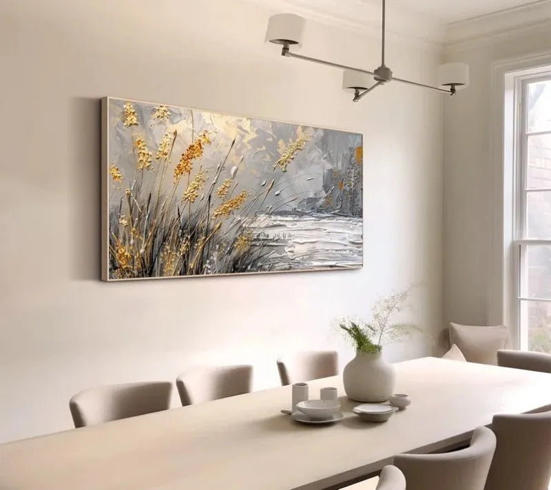 Hand painted abstract landscape oil painting lake reed beds horizontal canvas contemporary wall art