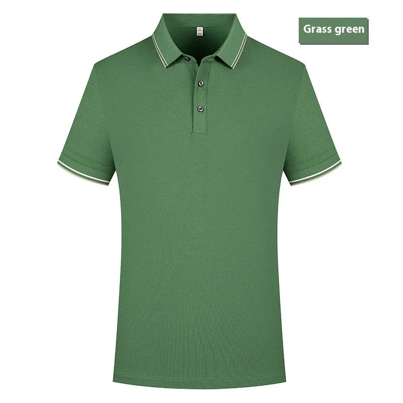 men's casual polo shirt in white with lapel collar and short sleeves, pearl cotton fabric