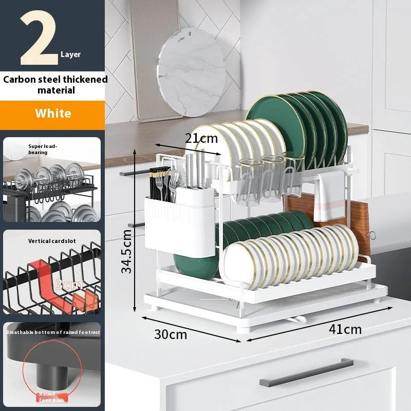 White double-layer kitchen storage rack with removable draining on countertop