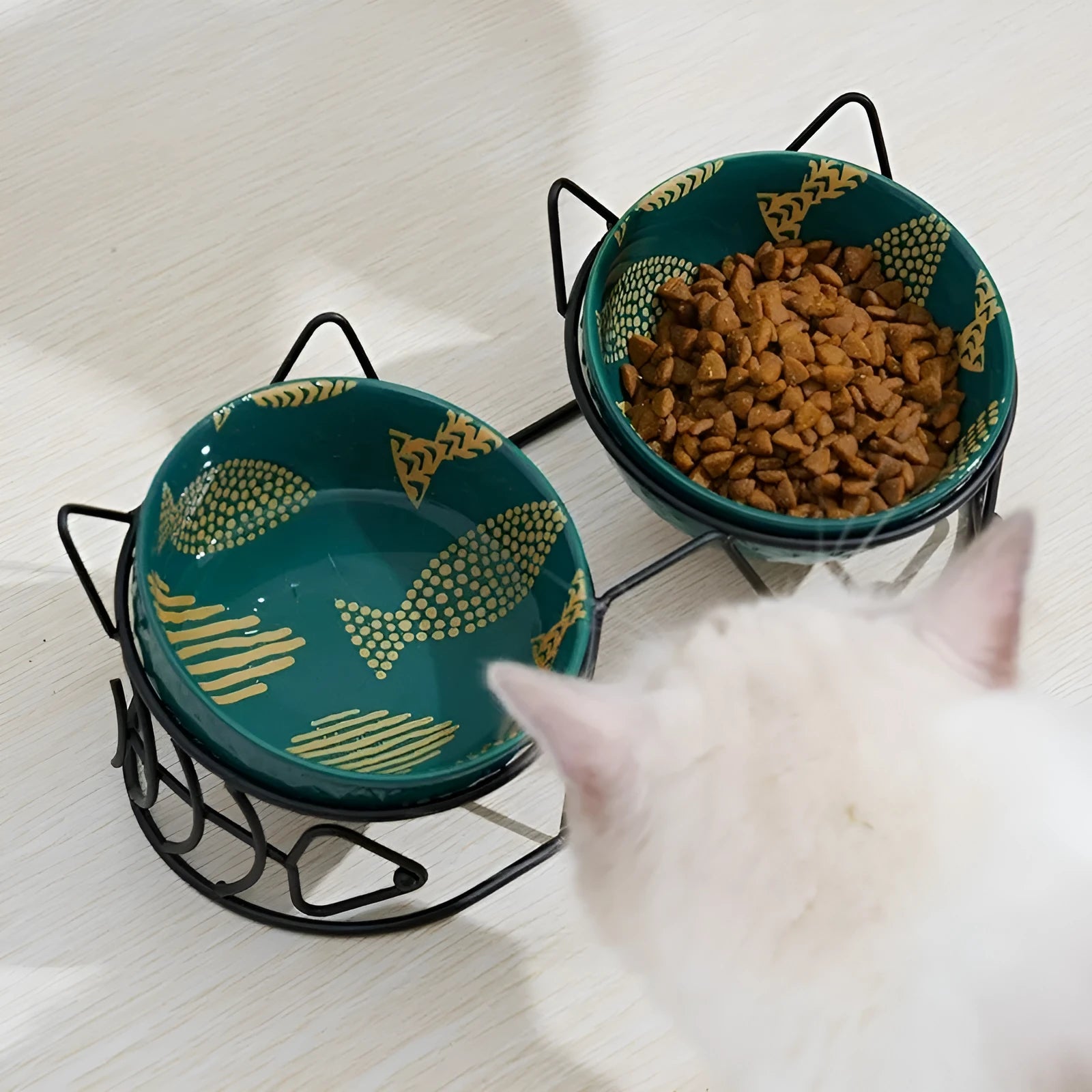 Ceramic double cat bowl set with fixed tilted stand, 26.5 x 12.5cm, 300ml bowls in white with gold cat ear stand
