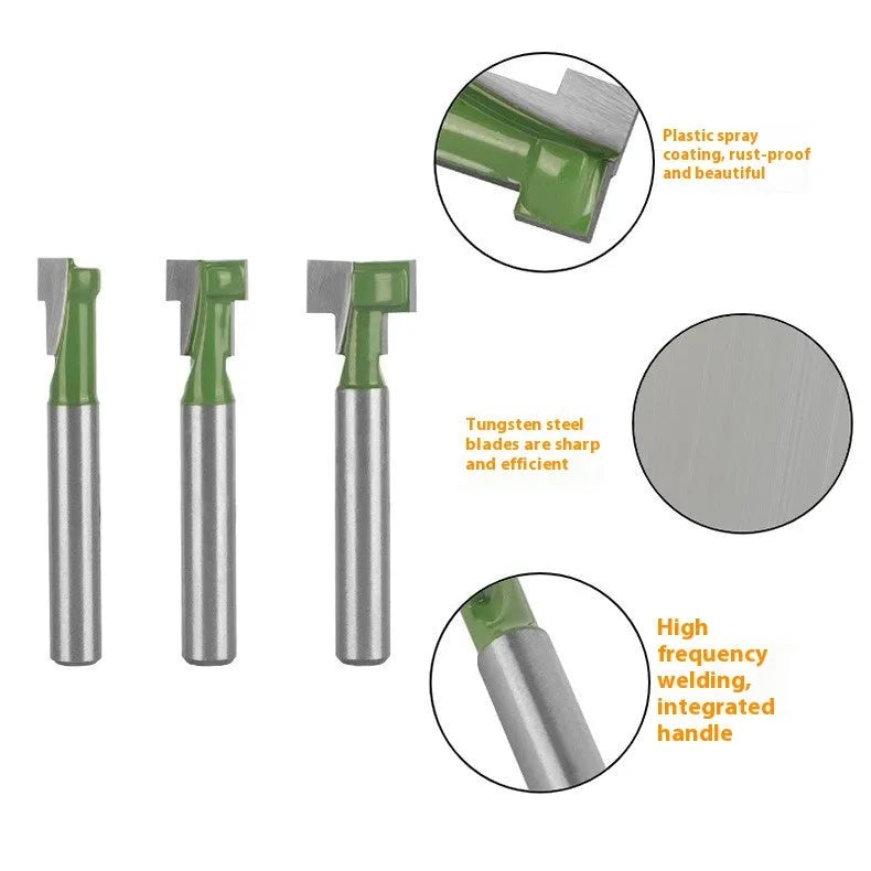 6-piece green double blade T-slot milling cutter set with hard alloy blades and handles for carpentry