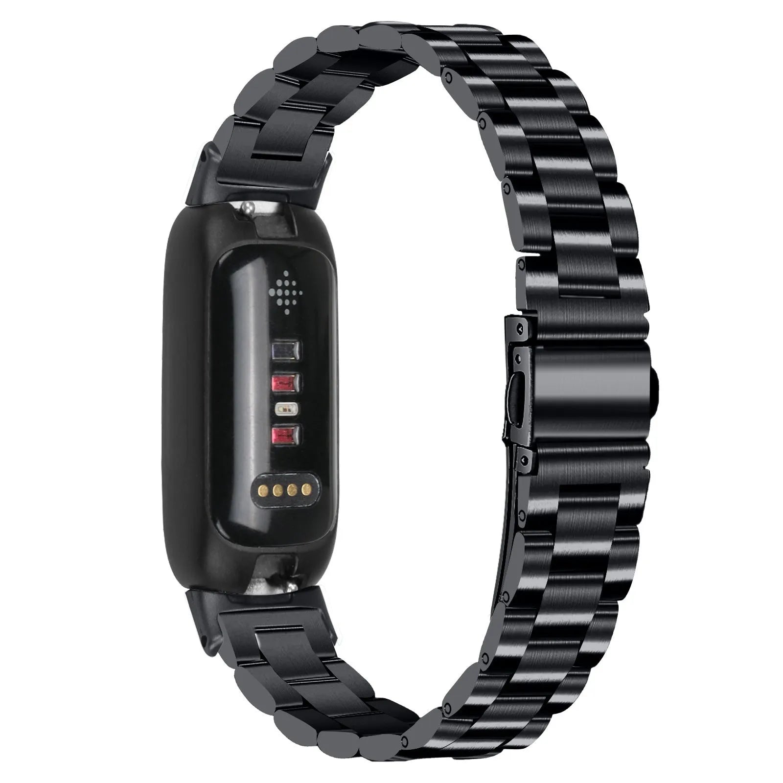 Stainless steel magnetic closure watch strap for Fitbit Inspire 3 in silver, black, gold, and rose gold colours.