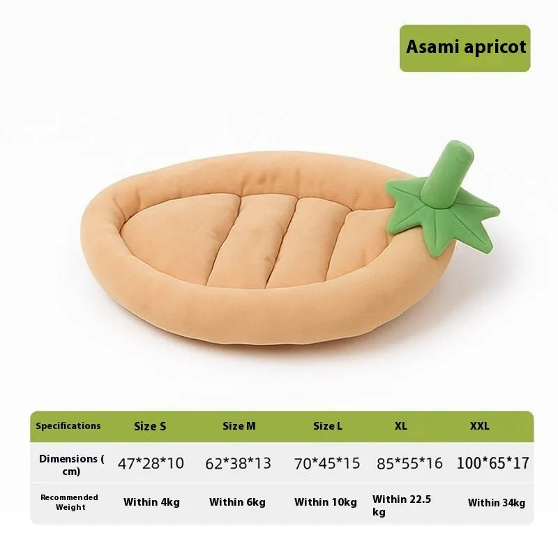 Washable dog mat pet bed in purple colour, shown in a home setting next to a small dog.
