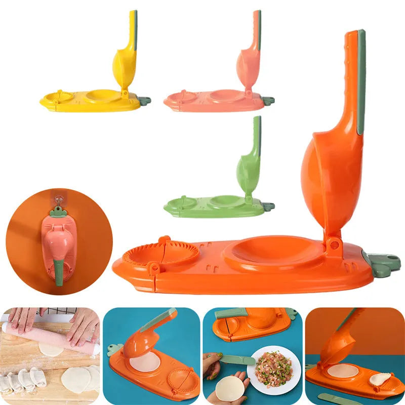 Orange and white plastic dumpling maker tool with ergonomic handle and 2-in-1 design