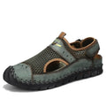Men's brown leather mesh hollow shoes with round toe and elastic band, showing sewing line details