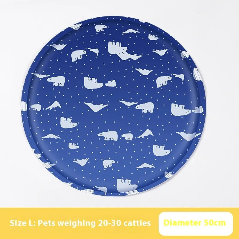 Round pet cooling mat with cartoon animal design for dogs in beige bunny pattern