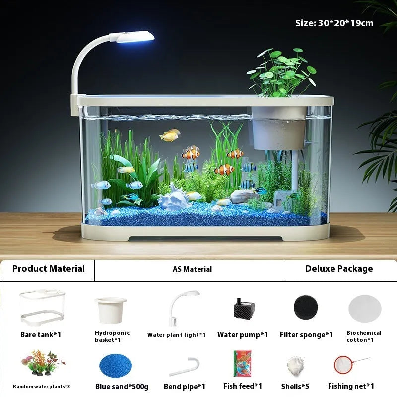 Luxury White desktop fish tank with integrated ecological landscape filter and oxygen system on a wooden table.