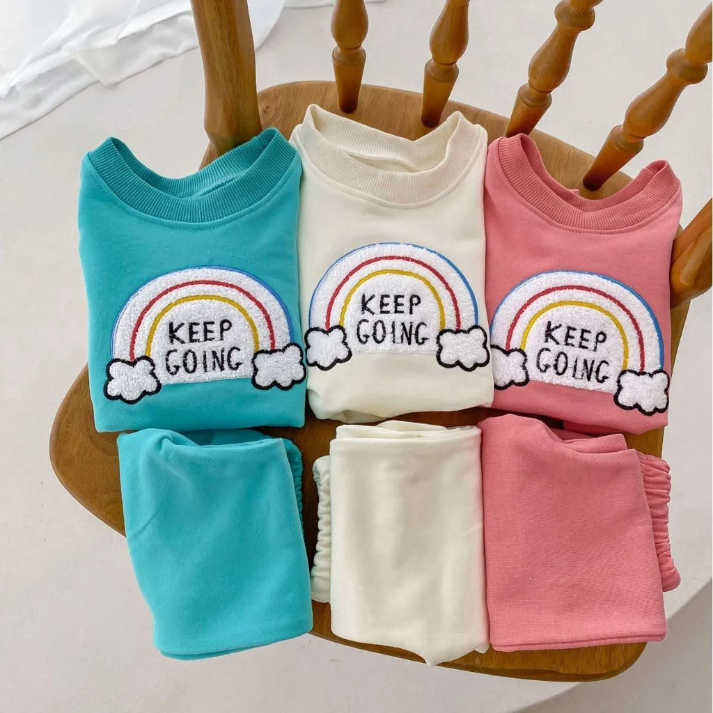 Children's rainbow sweater two-piece set in beige with cartoon and flower patterns, cotton pullover top and trousers for toddlers