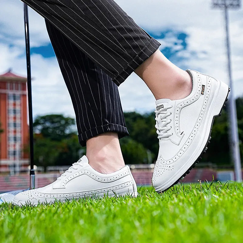 Men's genuine leather golf shoe in lake blue with non-slip rubber outsole.