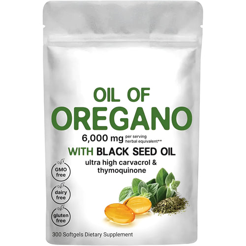 Sealed pack of black seed oil softgel capsules, available in 180 or 300 tablet sizes.