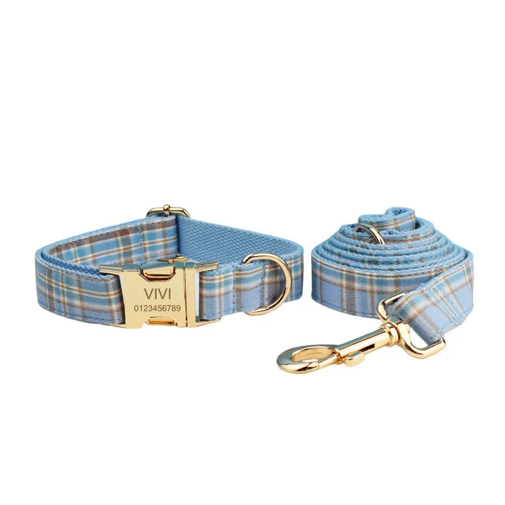 Sky blue grid pattern cloth dog collar and leash set with matching bow and vest on a dog