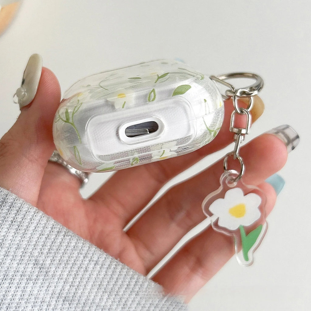 White floral pattern transparent TPU protective case for Apple AirPods wireless earbuds