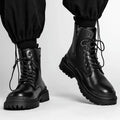 Men's mid-top British leather style boots with waterproof PU upper and rubber soles