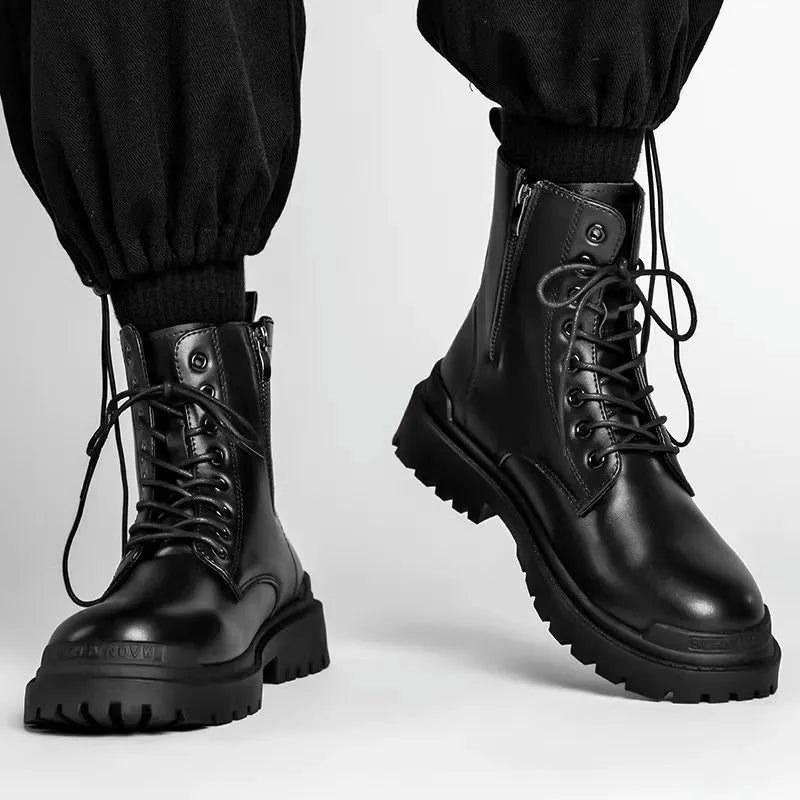 Men's mid-top British leather style boots with waterproof PU upper and rubber soles