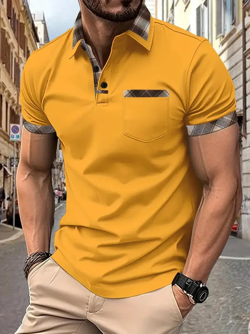 Men's plaid colourblock t-shirt with zipper decorations on polyester fabric in multiple colours
