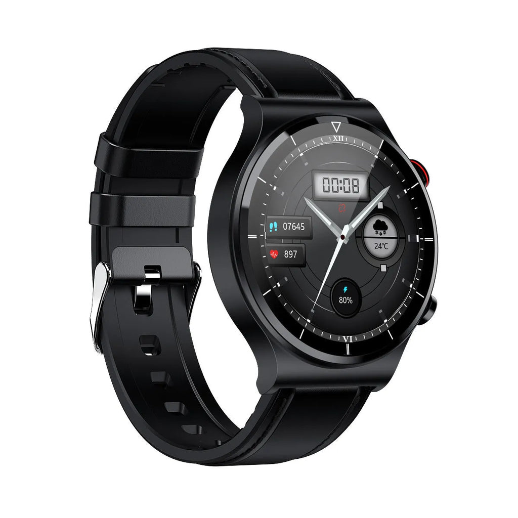 Smart watch with ECG monitoring, wireless charging, 1.32 inch screen, metal alloy case, and leather strap