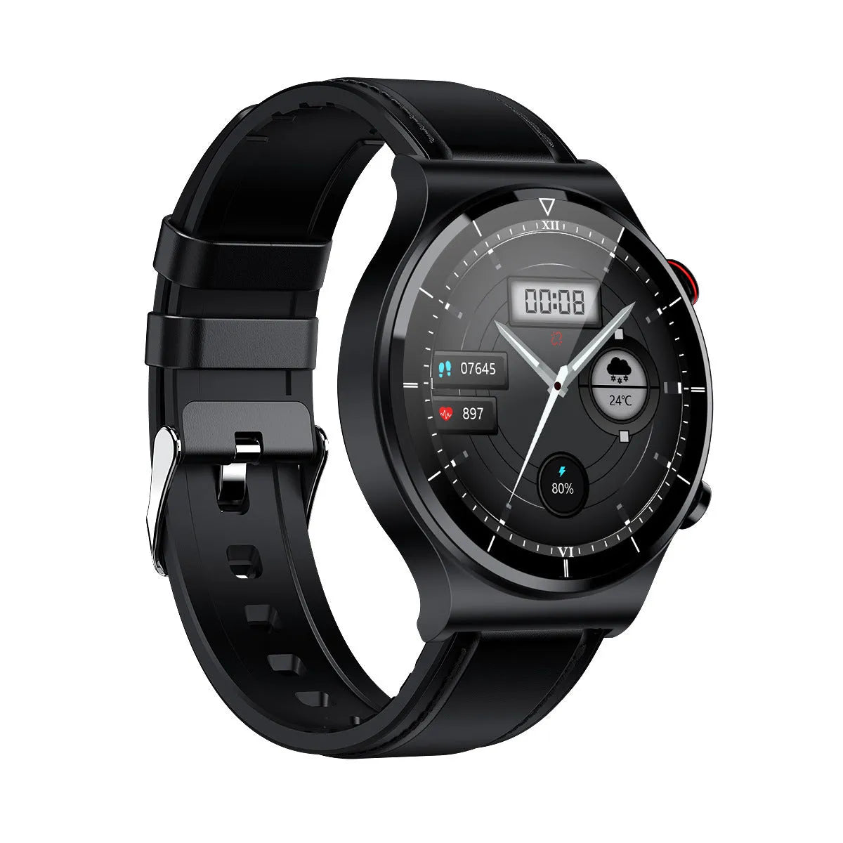 Smart watch with ECG monitoring, wireless charging, 1.32 inch screen, metal alloy case, and leather strap