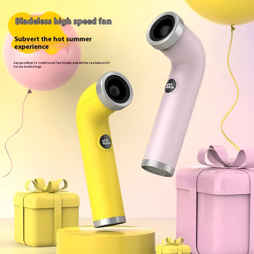 A compact apricot, pink, or yellow bladeless turbine fan on a desk.
