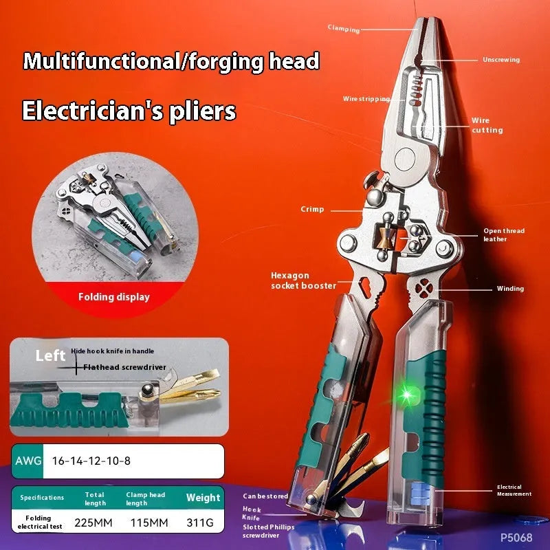 Electricians' pliers wire stripper with pointed shape and rust prevention, available in 215mm or 225mm sizes