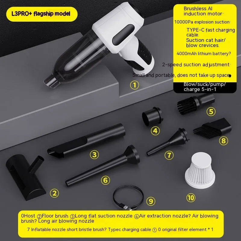 Black cordless handheld car vacuum cleaner with attached brush nozzle and charging cable.