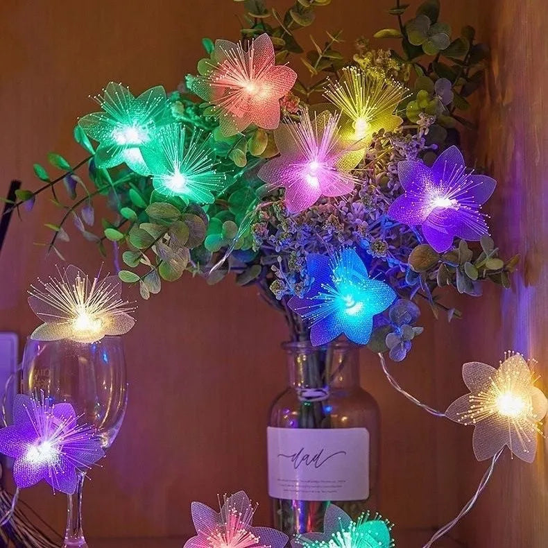 LED optical fibre flower light string with 20 warm white lamp beads on battery box, suitable for wedding and party decoration