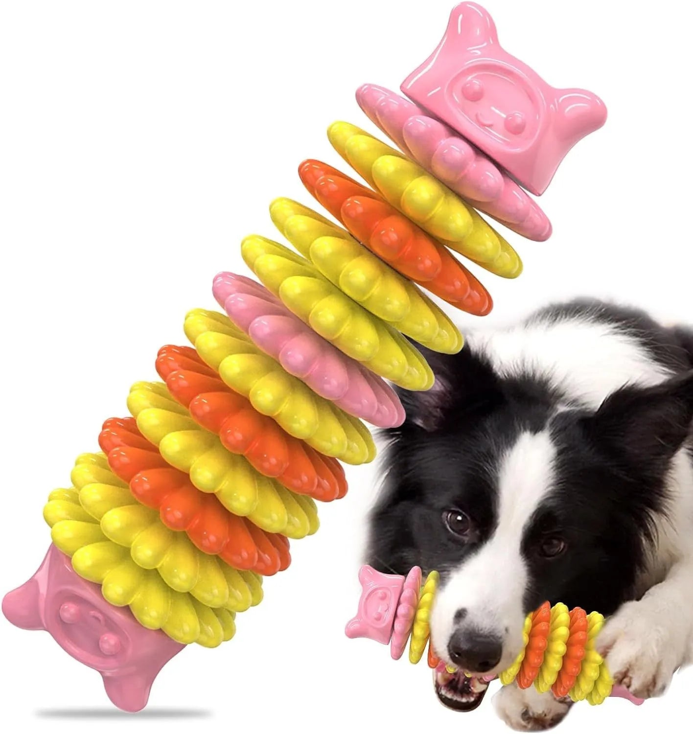 Blue caterpillar-shaped rubber dog chew toy for aggressive chewers