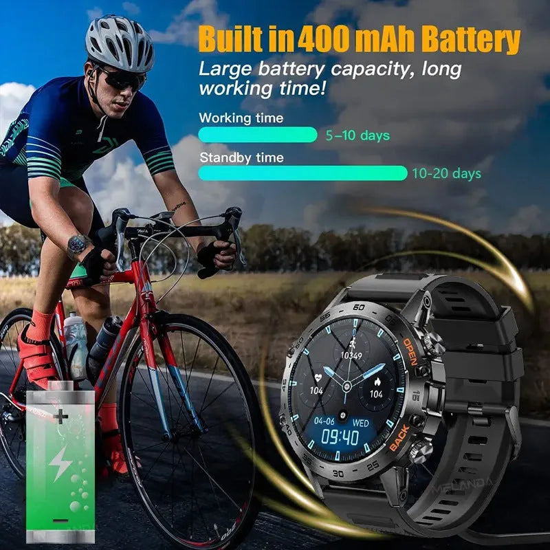 Bluetooth calling smart watch with IPS touch screen on wrist, showing health metrics display