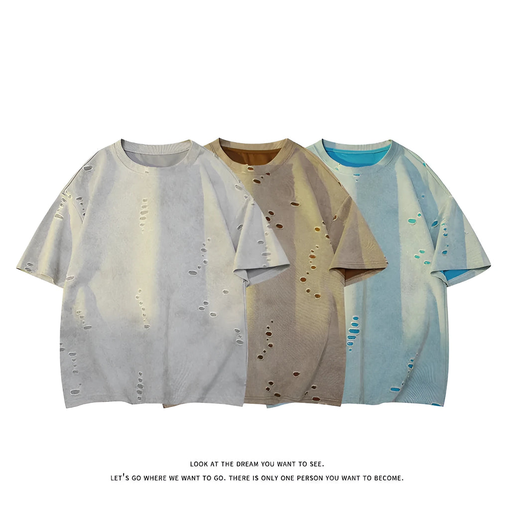 Men's loose fit short sleeve T-shirt with ripped detailing in cotton blend fabric