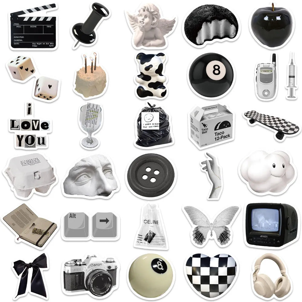61 black and white waterproof PVC stickers for laptop and phone decoration