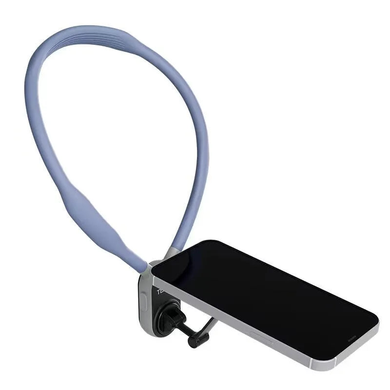 Grey silicone magnetic neck mount for mobile phones shown holding a phone in landscape orientation.