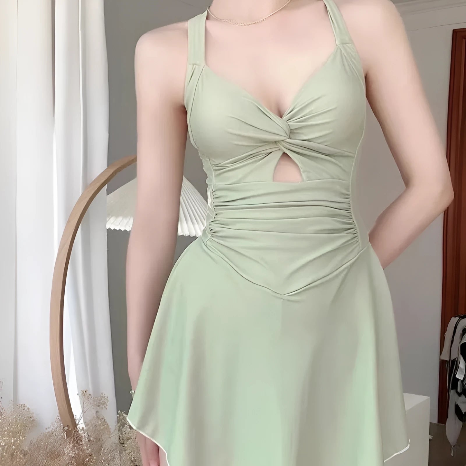 Women's holiday boxer swimsuit one-piece in avocado green with backless design