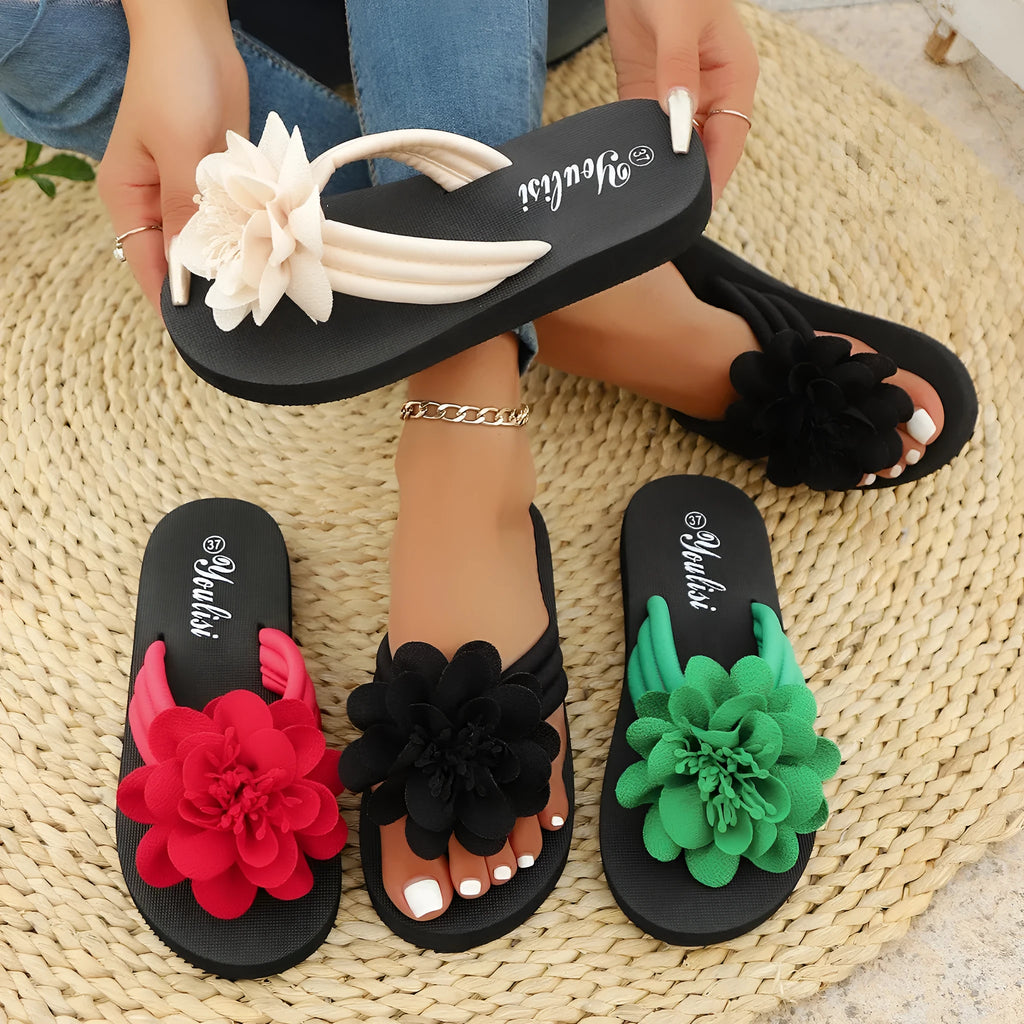 Solid-colour flip-flops with floral design on lightweight EVA sole in beige, red, black, and green options