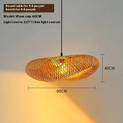 Bamboo straw hat-shaped hanging pendant lamp showing natural bamboo construction and diffused lighting design