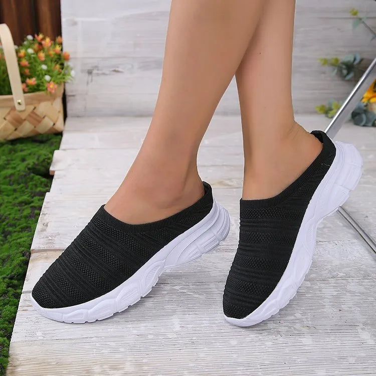 Women's mesh lazy semi slipper casual wedge heels round toe breathable upper rubber sole available in multiple colours sizes 35-43