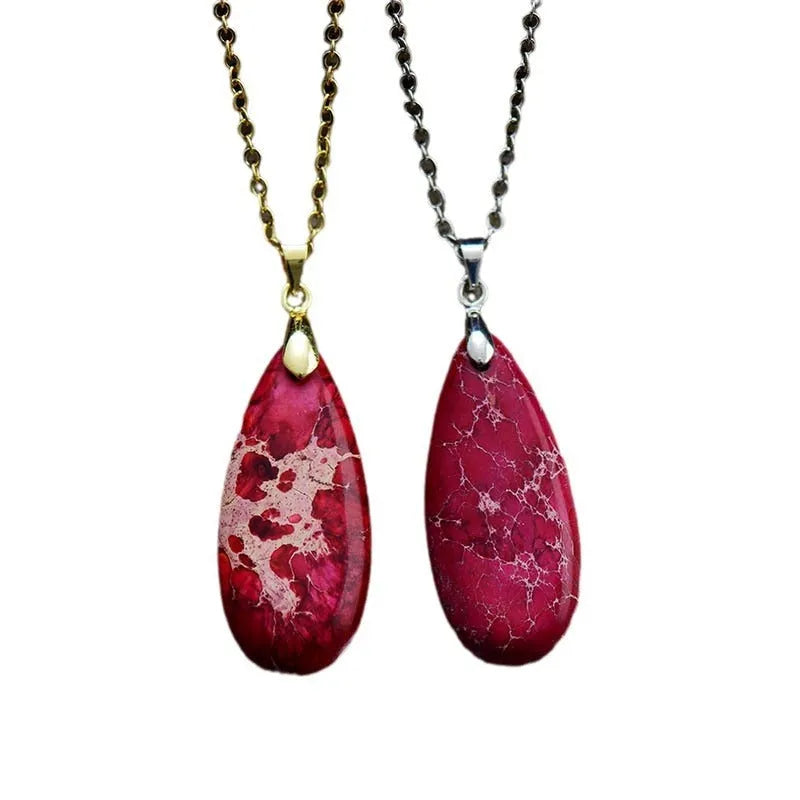 Jade water drop pendant on an 18K gold-plated chain, showing colour finish options.
