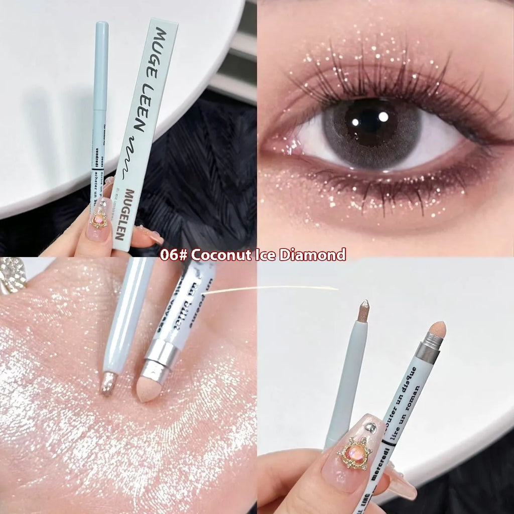 INS style 2-in-1 waterproof eye shadow pen in a selection of 14 brightening colours on a white background.