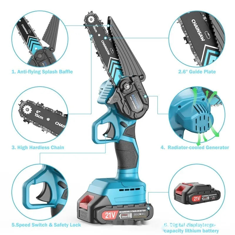 Handheld cordless electric chainsaw with 6-inch chain, two batteries, and safety accessories