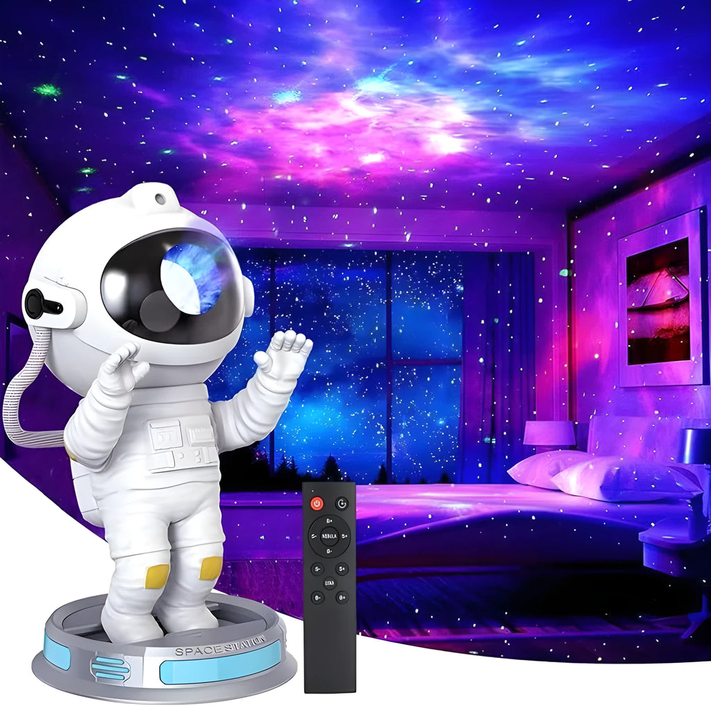 White Exit Astronaut Starlight Projection Lamp with USB cable and remote control on a table, projecting a blue starry light effect