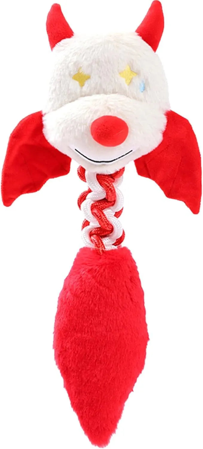 Large black, green, or red plush dog toy with cartoon design, squeaker, and rope knot.