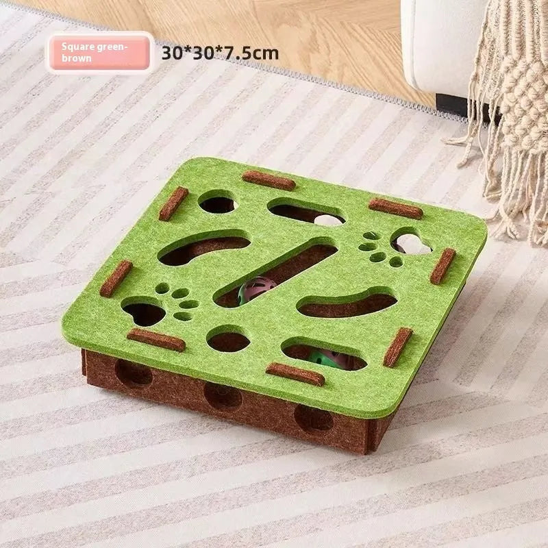 Green brown felt cat scratch box toy measuring 30cm by 30cm by 7.5cm