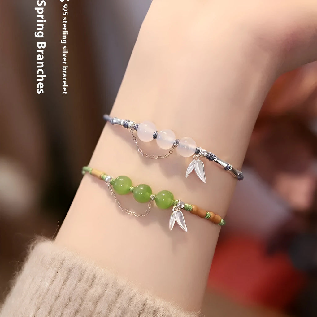 Handmade Hetian jade and chalcedony bracelet with woven strap in light green or blue colours
