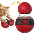 Rotating plastic cat toy in Super Ball colour with food-dropping and sound features.