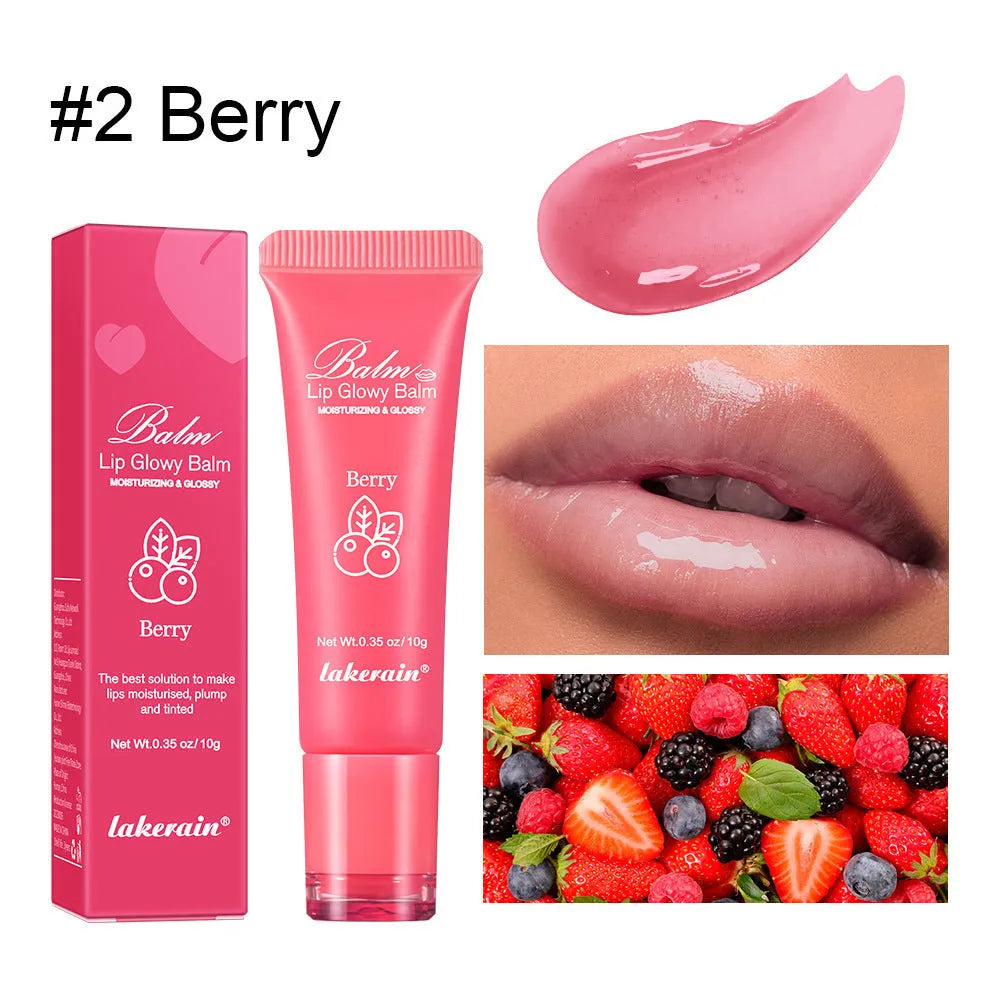 Women's lip gloss tube in one of four fruity flavours: yellow peach, berry, grapefruit, or grape.
