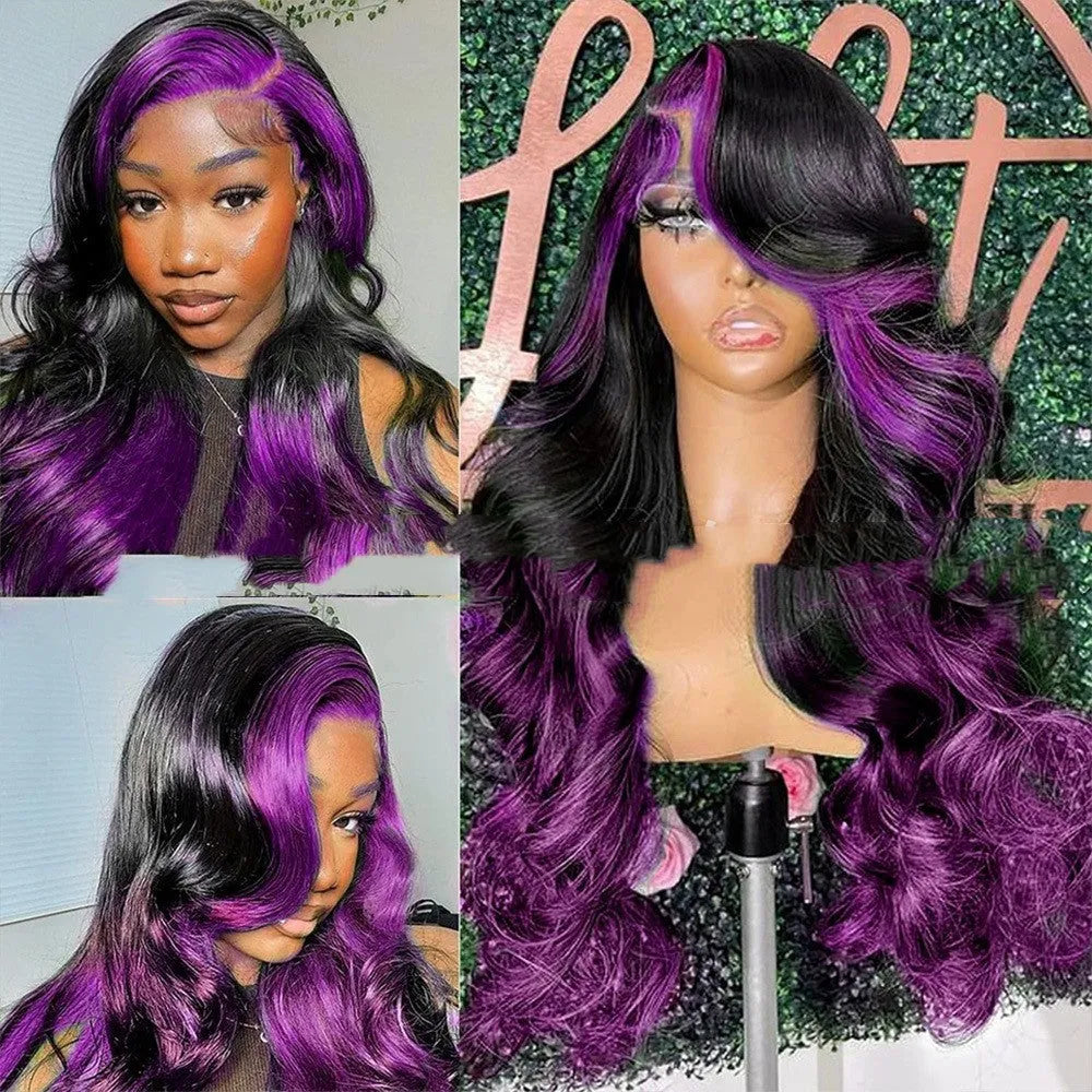 Gradient purple real human hair lace front wig with 13x6 lace base shown in long length