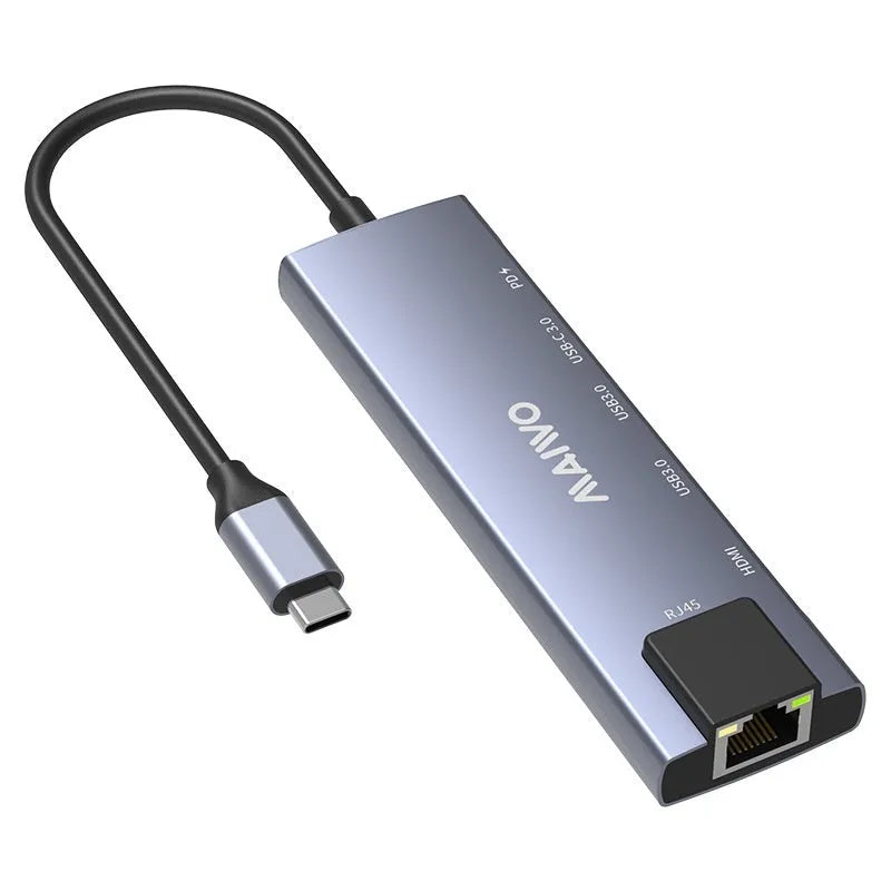 Steam Deck six-in-one docking station with aluminium shell showing Type-C, HDMI, ethernet, and USB ports